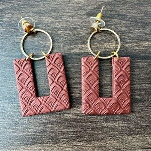 Boho Polymer Clay Hoop Brown Handmade Earrings - Geometric Textured Dangles